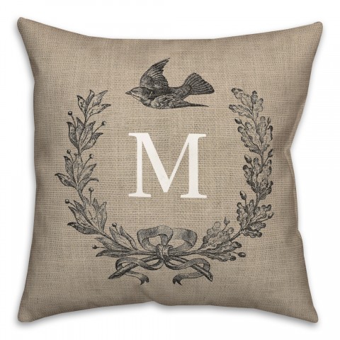 Monogram Floral Bird Wreath Burlap Pillow