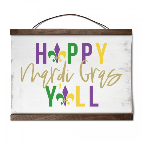 Happy Mardi Gras Y'all 12x8 Teak Hanging Canvas