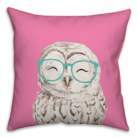 Colorful Owl with Glasses on Pink 20x20 Indoor / Outdoor Pillow