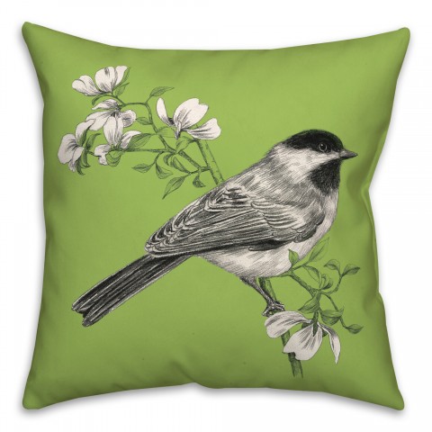 Chickadee Bird with Flowers on Green 20x20 Indoor / Outdoor Pillow