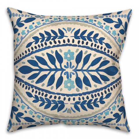 Blue Colored Large Folk Pattern 20x20 Indoor / Outdoor Pillow