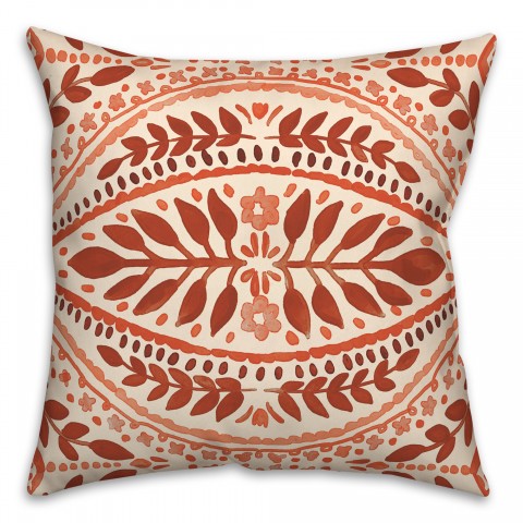 Orange Colored Large Folk Pattern 20x20 Indoor / Outdoor Pillow