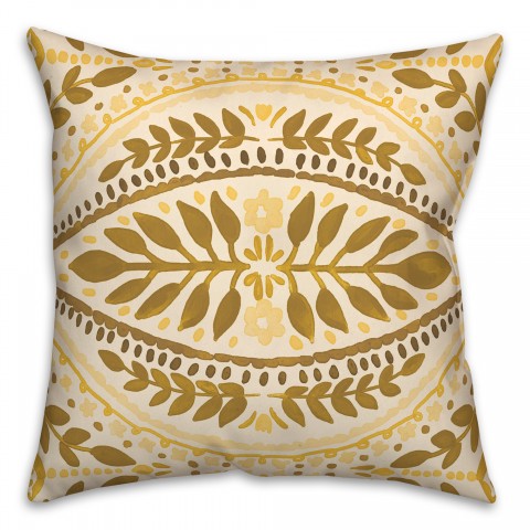 Yellow Colored Large Folk Pattern 20x20 Indoor / Outdoor Pillow