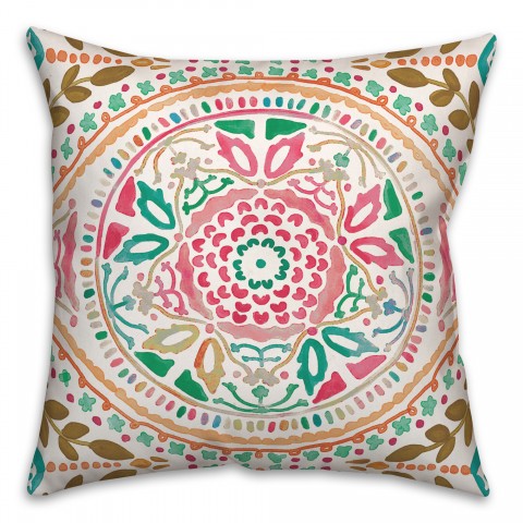 Large Pink and Green Folk Pattern 20x20 Indoor / Outdoor Pillow