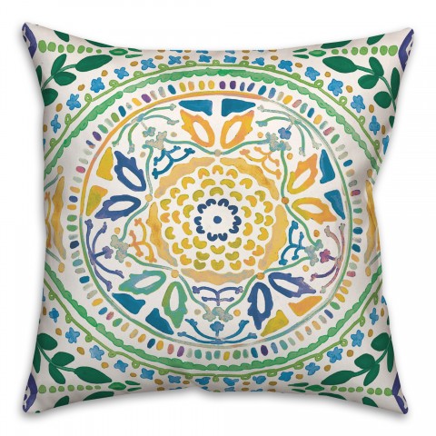 Large Yellow and Green Folk Pattern 20x20 Indoor / Outdoor Pillow