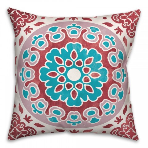 Red and Turquoise Flower Mandala 20x20 Indoor / Outdoor Pillow