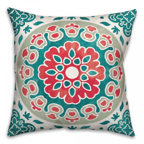 Red and Teal Flower Mandala 20x20 Indoor / Outdoor Pillow