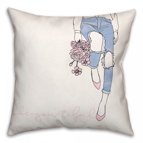 Be You Tiful Girl and Flowers 18x18 Spun Poly Pillow