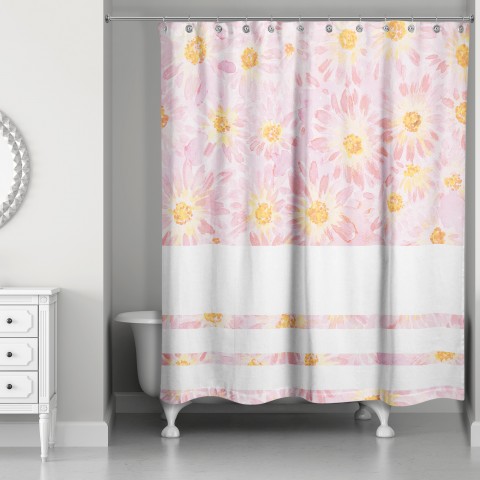 Watercolor Blush Daisies with Stripes 71x74 Shower Curtain