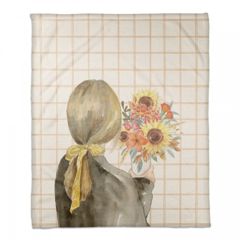 Fall Flower Girl on Plaid 50x60 Coral Fleece Blanket