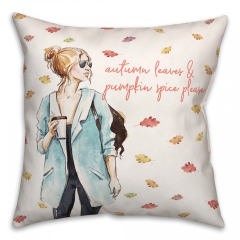 Fall Coffee and Leaves Girl 18x18 Spun Poly Pillow