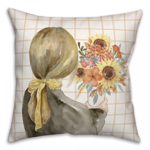Fall Flower Girl on Plaid 18x18 Spun Poly Pillow