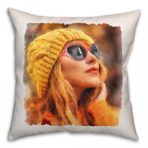 Fall Beanie Paint Girl with Sunglasses 18x18 Spun Poly Pillow