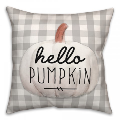 Hello Pumpkin on Gray Buffalo Check 18x18 Spun Poly Pillow