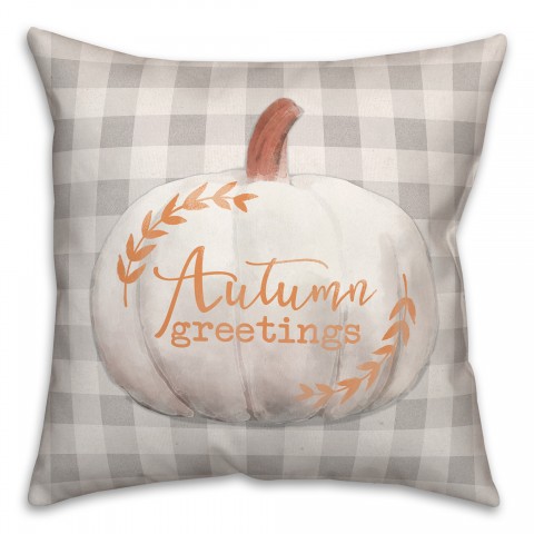 White Pumpkin on Plaid Autumn Greetings 18x18 Spun Poly Pillow