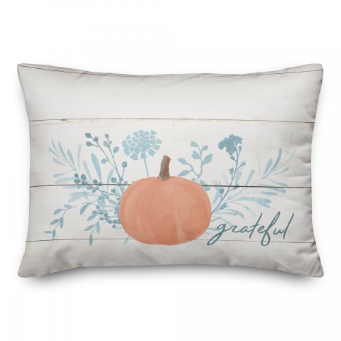 Blue Grateful Pumpkin Leaves on Wood 14x20 Spun Poly Pillow