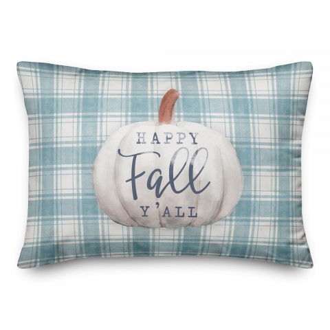 Happy Fall Pumpkin on Blue Plaid 14x20 Spun Poly Pillow