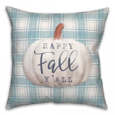 Happy Fall Pumpkin on Blue Plaid 18x18 Spun Poly Pillow