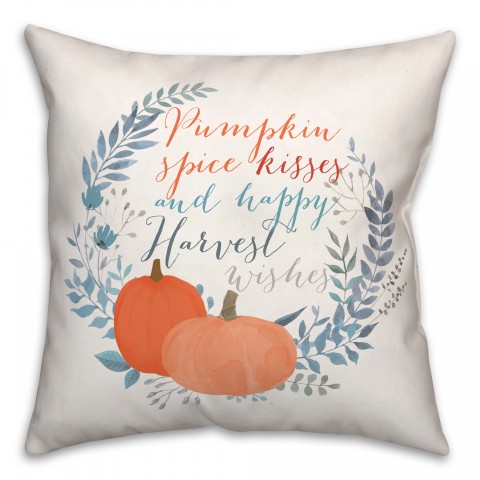 Blue Fall Wreath Kisses and Wishes 18x18 Spun Poly Pillow