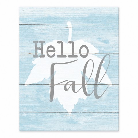 Hello Fall Blue Leaf on Wood 8x10 Tabletop Canvas