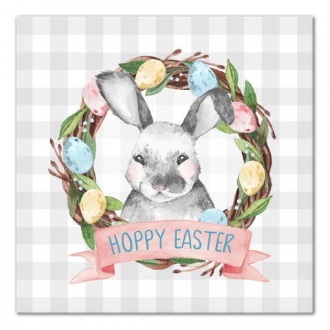 Hoppy Easter Gingham Bunny Wreath 16x16 Canvas Wall Art