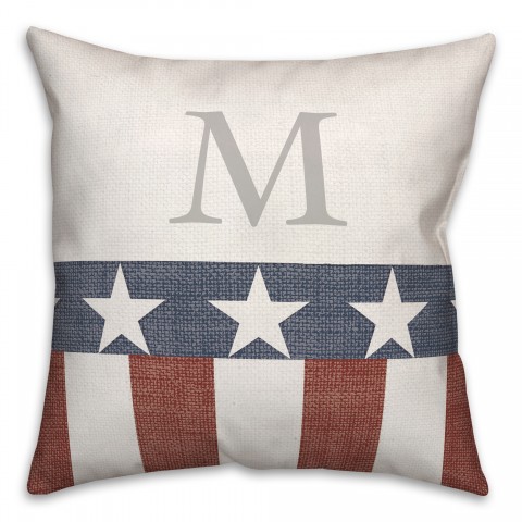 Light Burlap Stars Stripes Monogram 18x18 Personalized Spun Poly Pillow