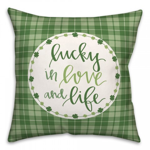 Luck Love Life Plaid Clover Wreath 18x18 Spun Poly Pillow