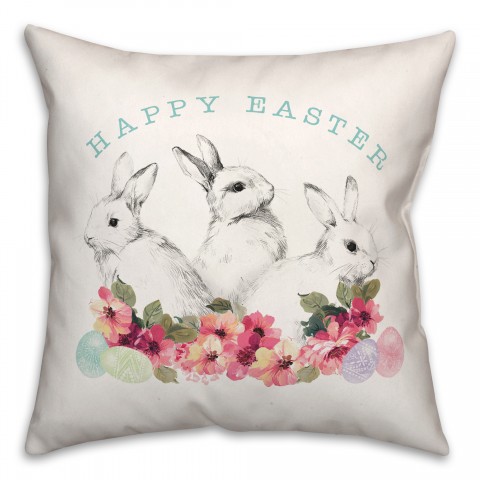 Sketched Easter Bunnies Flowers 18x18 Spun Poly Pillow