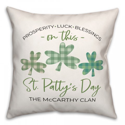 St Pattys Day Buffalo Check Clovers 18x18 Spun Poly Pillow