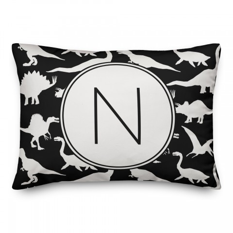 Dinosaur Pattern on Black and White Initial 14x20 Personalized Spun Poly Pillow