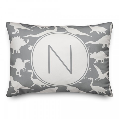 Dinosaur Pattern on Gray and White Initial 14x20 Personalized Spun Poly Pillow