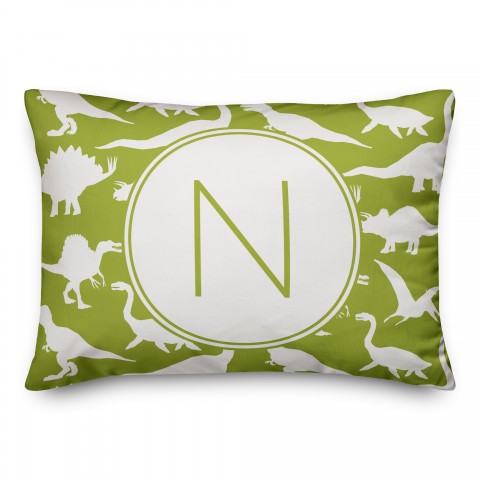 Dinosaur Pattern on Green and White Initial 14x20 Personalized Spun Poly Pillow
