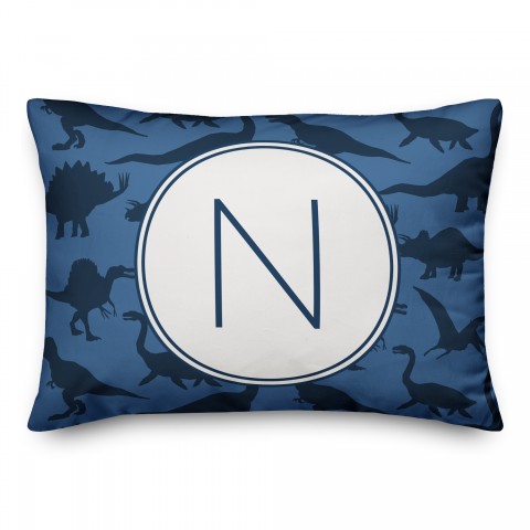 Dinosaur Pattern on Navy and Blue Initial 14x20 Personalized Spun Poly Pillow