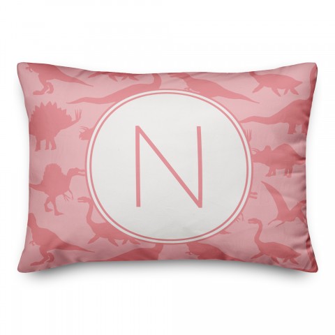 Dinosaur Pattern on Pink and Pink Initial 14x20 Personalized Spun Poly Pillow