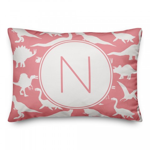 Dinosaur Pattern on Pink and White Initial 14x20 Personalized Spun Poly Pillow