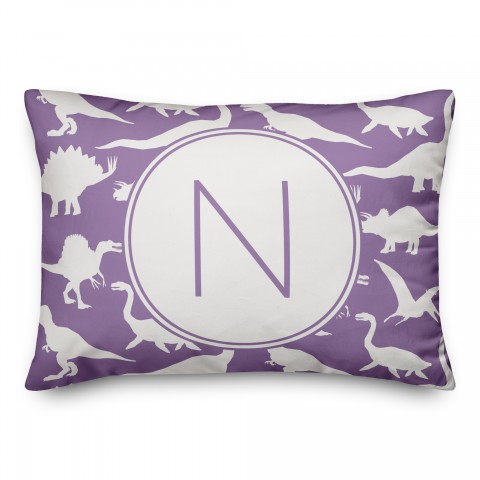 Dinosaur Pattern on Purple and White Initial 14x20 Personalized Spun Poly Pillow