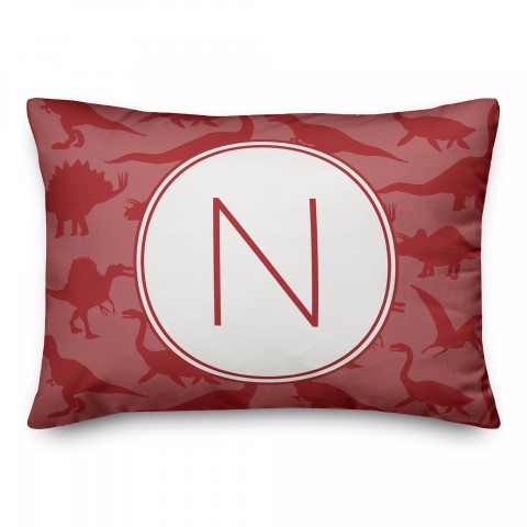 Dinosaur Pattern on Red and Red Initial 14x20 Personalized Spun Poly Pillow
