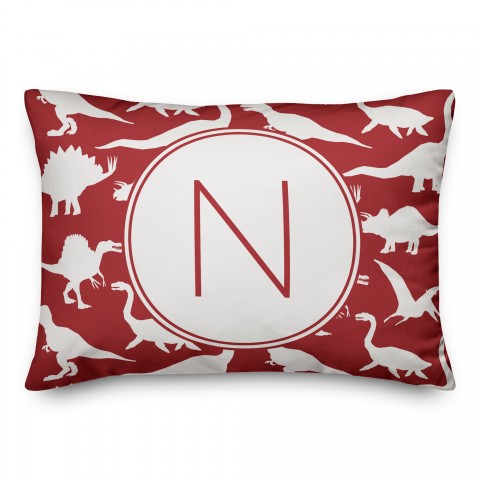 Dinosaur Pattern on Red and White Initial 14x20 Personalized Spun Poly Pillow