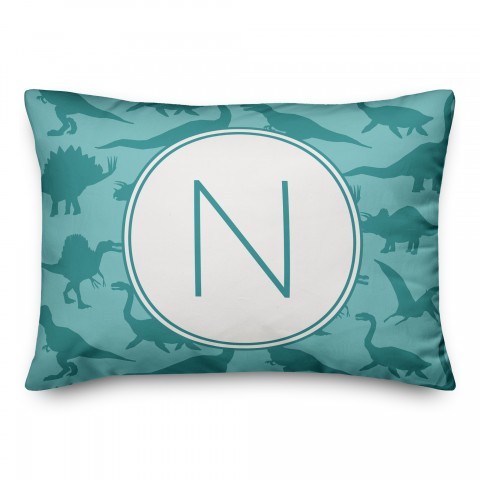 Dinosaur Pattern on Teal and Teal Initial 14x20 Personalized Spun Poly Pillow