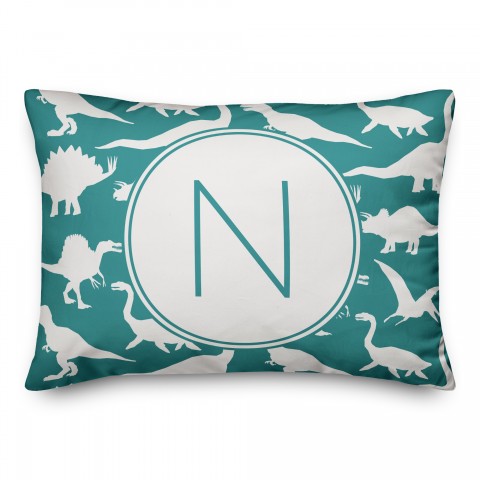 Dinosaur Pattern on Teal and White Initial 14x20 Personalized Spun Poly Pillow