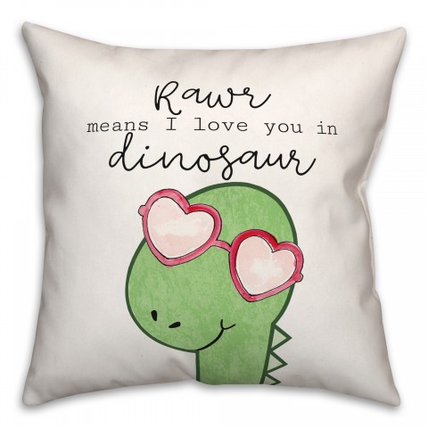 Rawr Means I Love You Dinosaur with Heart Glasses 18x18 Spun Poly Pillow