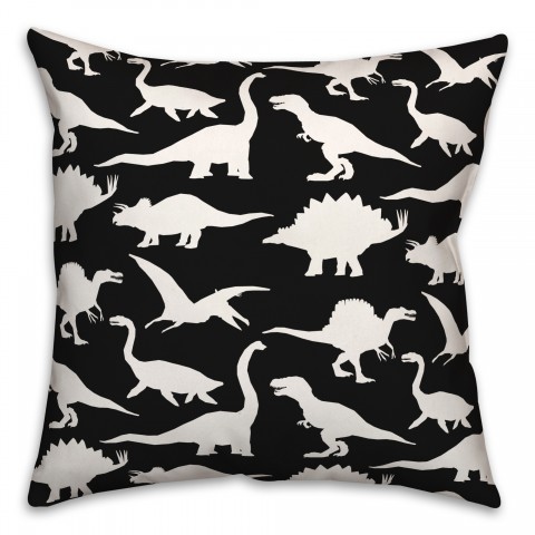 Dinosaur Pattern on Black and White   18x18 Spun Poly Pillow