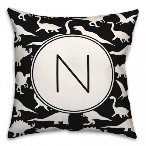 Dinosaur Pattern on Black and White Initial 18x18 Personalized Spun Poly Pillow