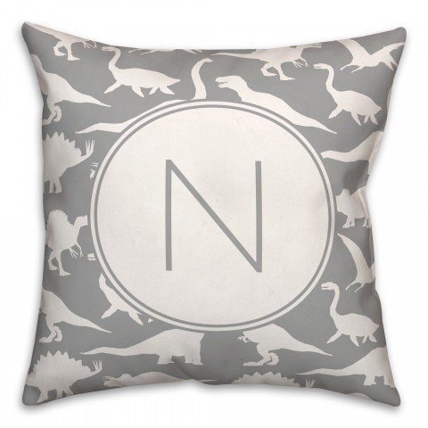 Dinosaur Pattern on Gray and White Initial 18x18 Personalized Spun Poly Pillow