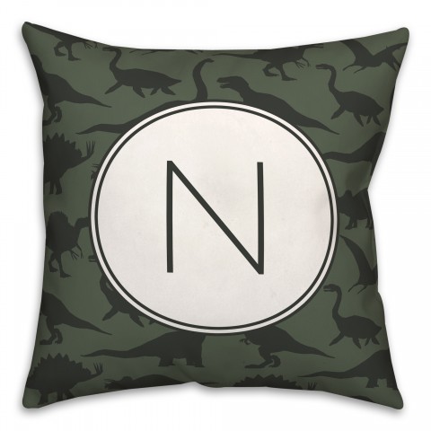 Dinosaur Pattern on Green and Green Initial 18x18 Personalized Spun Poly Pillow