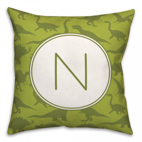 Dinosaur Pattern on Green and Lime Initial 18x18 Personalized Spun Poly Pillow