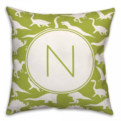 Dinosaur Pattern on Green and White Initial 18x18 Personalized Spun Poly Pillow