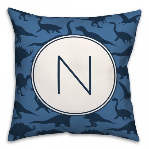 Dinosaur Pattern on Navy and Blue Initial 18x18 Personalized Spun Poly Pillow