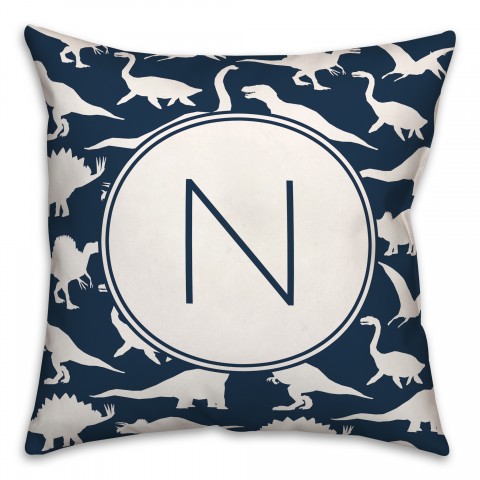 Dinosaur Pattern on Navy and White Initial 18x18 Personalized Spun Poly Pillow