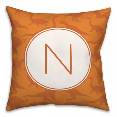 Dinosaur Pattern on Orange and Orange Initial 18x18 Personalized Spun Poly Pillow